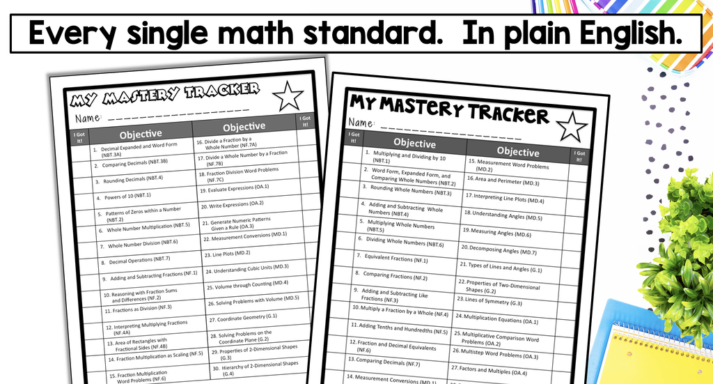 Kid-friendly math mastery tracker listing 4th and 5th grade math standards in plain language with ‘I Got It!’ checkboxes.”